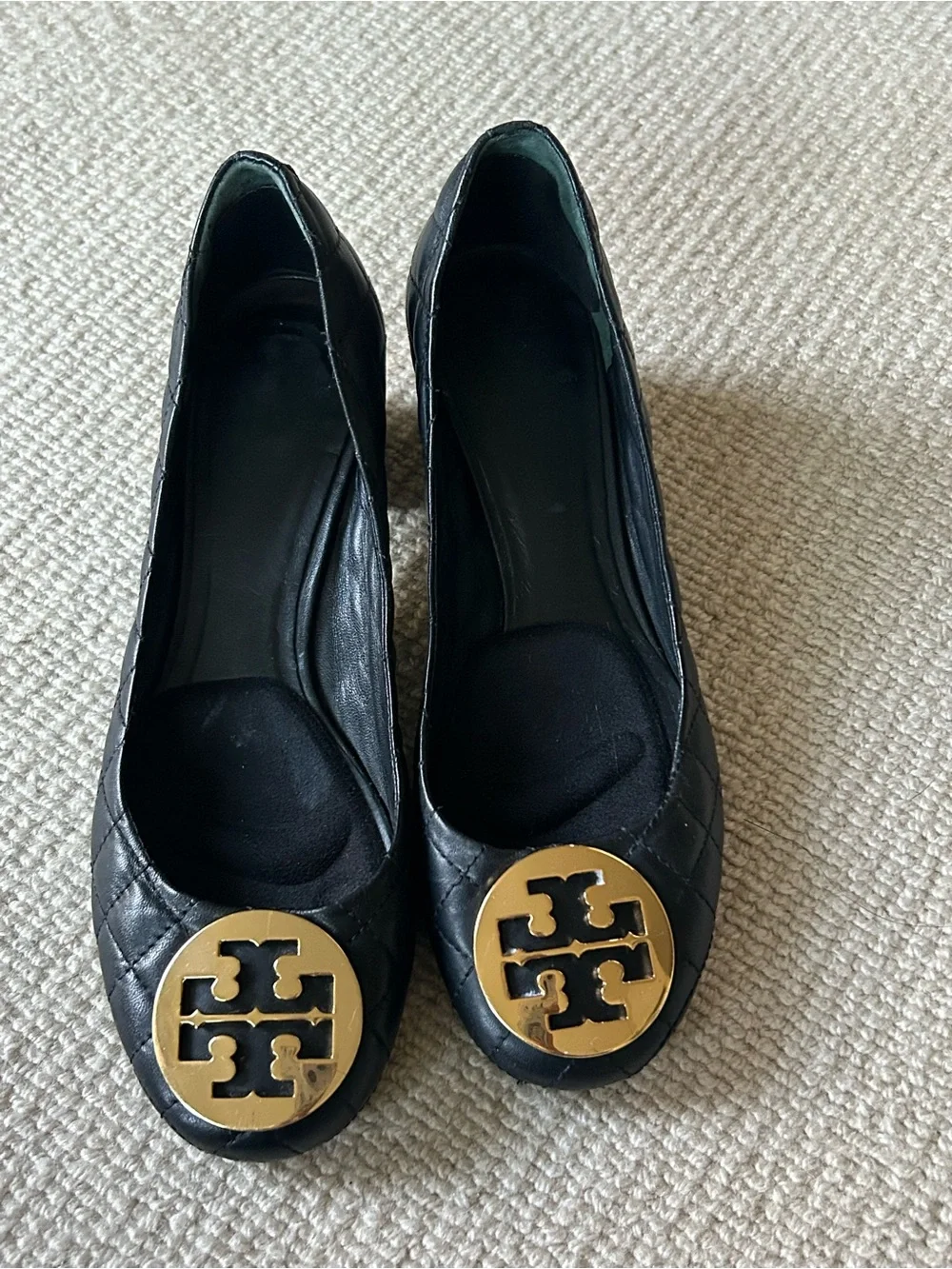 Tory Burch Black Quilted Leather Logo Flats with Gold Medallions
